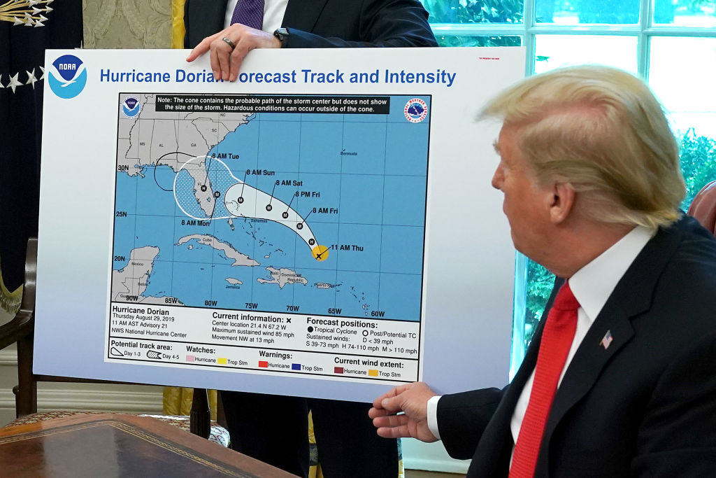 President Trump references a map with the storm's forecast that appears to have been altered by a black marker to extend the hurricane's range to include Alabama. The photo was taken on Sept. 04, 2019 in Washington, DC.