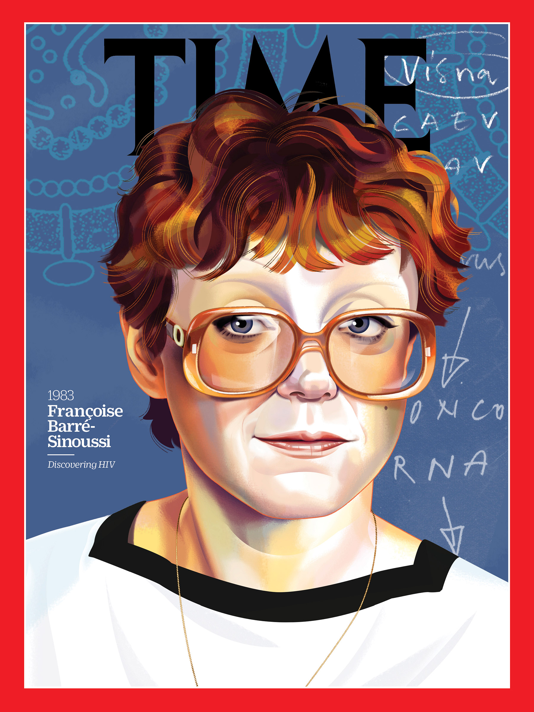 <a href="https://fineartamerica.com/featured/francoise-barre-sinoussi-1983-time.html"><strong>Buy the cover art→</strong></a> (Illustration by Nigel Buchanan for TIME; Michel Philippot—Sygma via Getty)