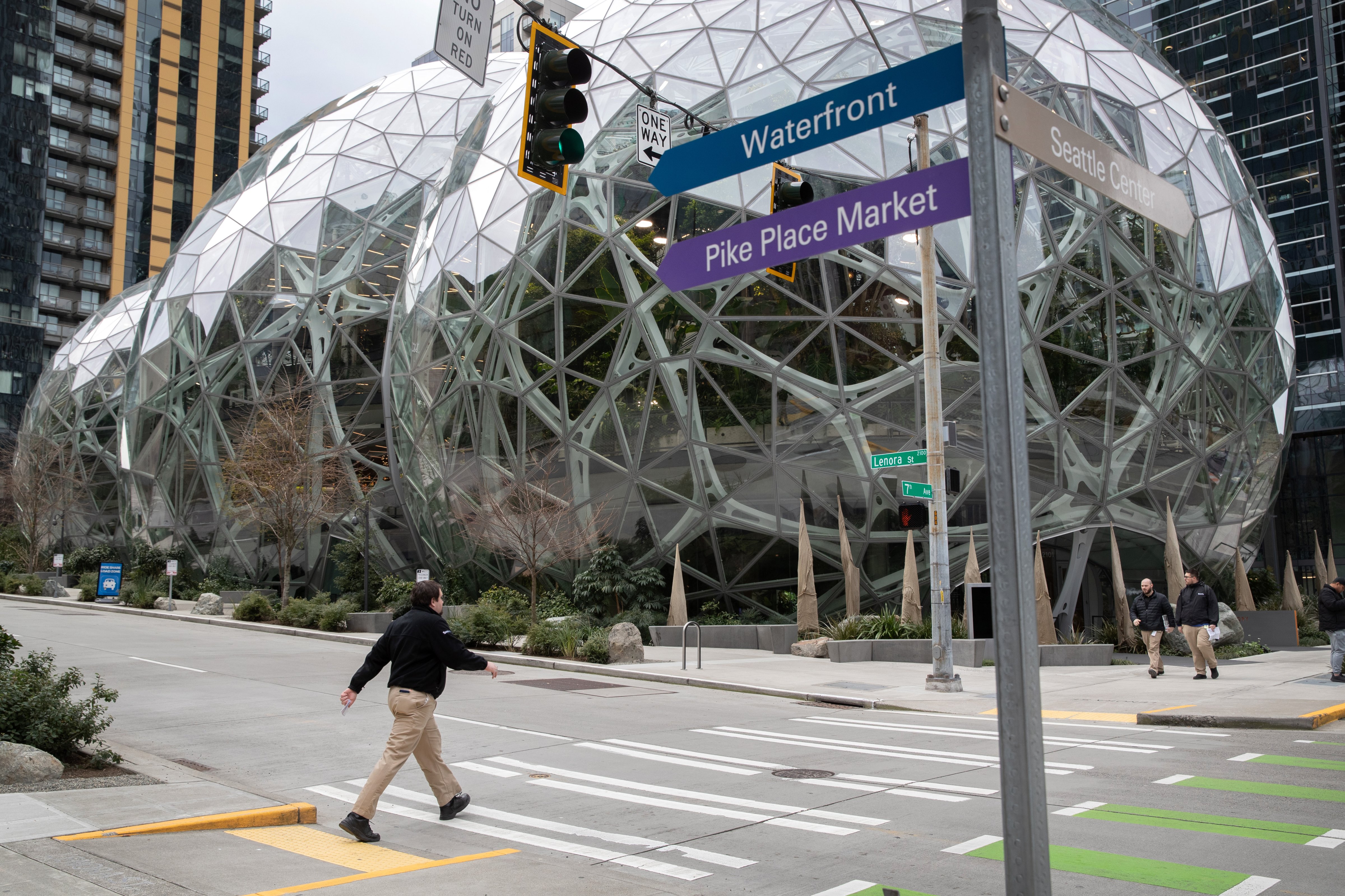 The Amazon headquarters sits virtually empty on March 10, 2020 in downtown Seattle, Washington, after employees were told to work remotely. (John Moore—Getty Images)