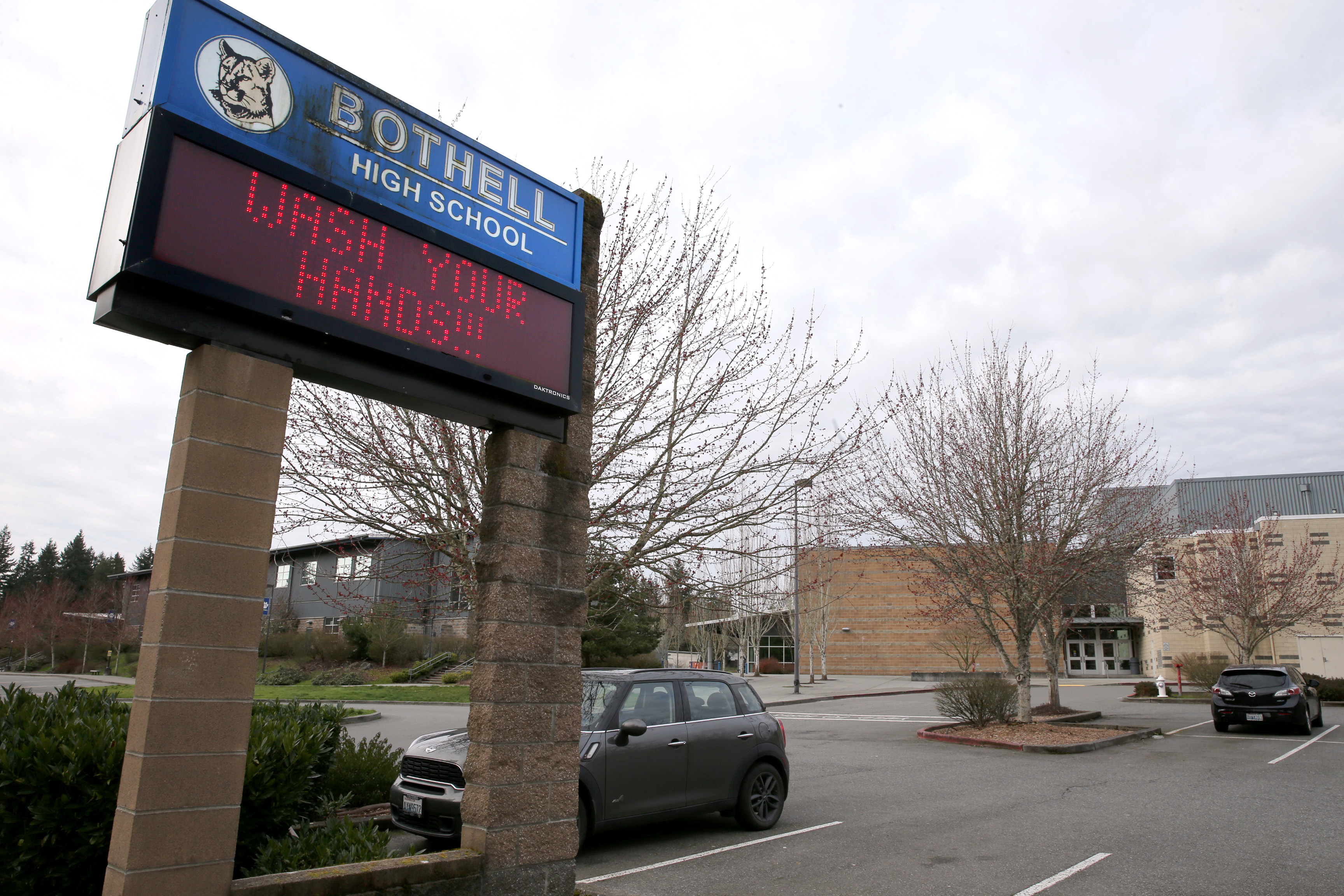 A sign outside Bothell High School in Bothell, Washington, on March 5, 2020, shortly before the school district closed classrooms and transitioned to online learning temporarily out of concerns about the coronavirus. (Karen Ducey—Getty Images)