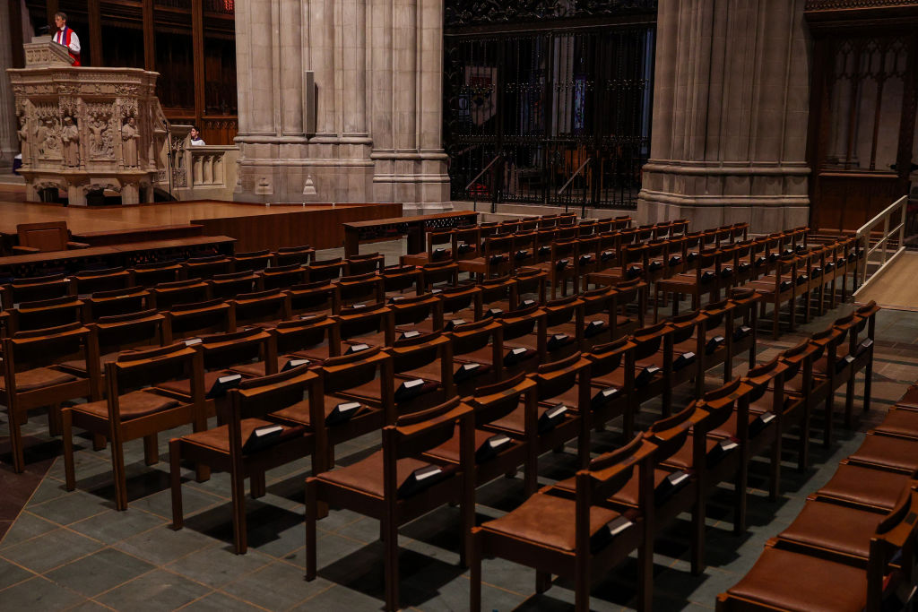 The Right Rev. Bishop Mariann Edgar Budde holds Sunday Mass as it is live-webcast to its parishioners due to the Coronavirus at an empty Washington National Cathedral on March 22, 2020 in Washington, DC. (Patrick Smith—Getty Images)