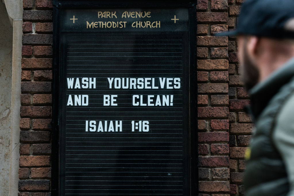 A Bible phrase from the book of Isaiah adorns the outside of a church on March 12 in New York City. (Getty Images&mdash;2020 Getty Images)