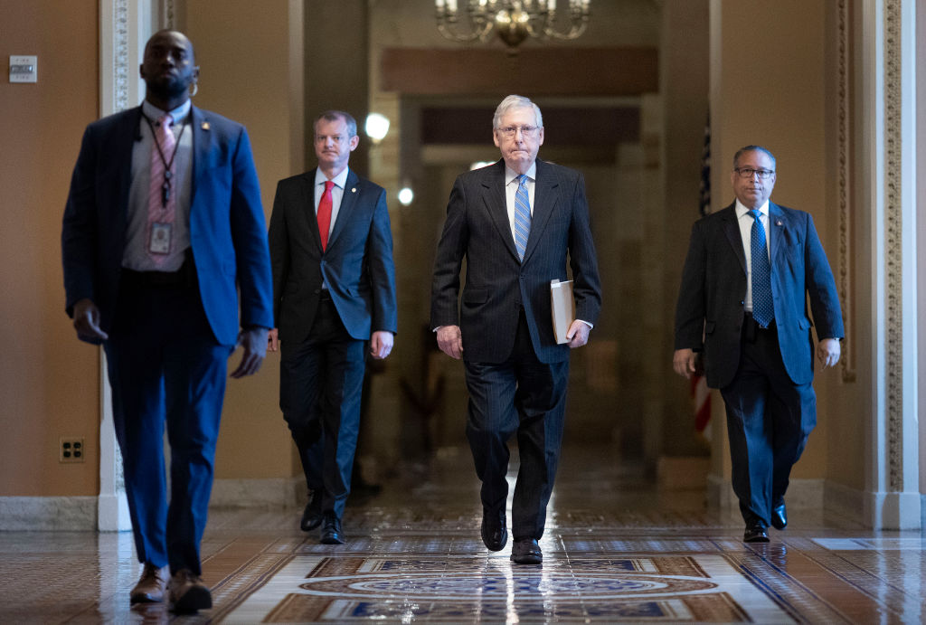 U.S. Senate Majority Leader Mitch McConnell (R-KY) walks from his office to the Senate floor at the U.S. Capitol in Washington, DC., on March 18, 2020. (Win McNamee—Getty Images)