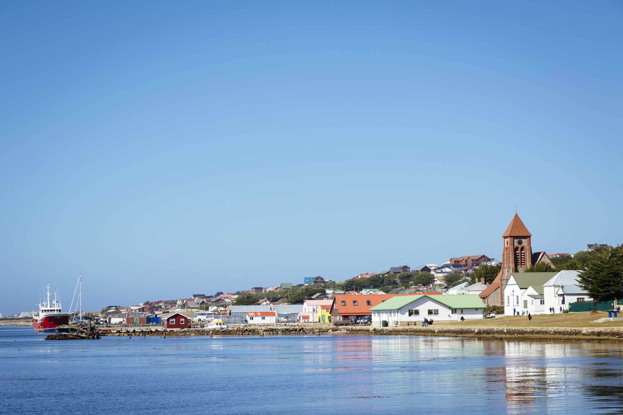 The waterfront at Stanley, the capital of the Falkland Islands. (Andrew Peacock – Getty Images)
