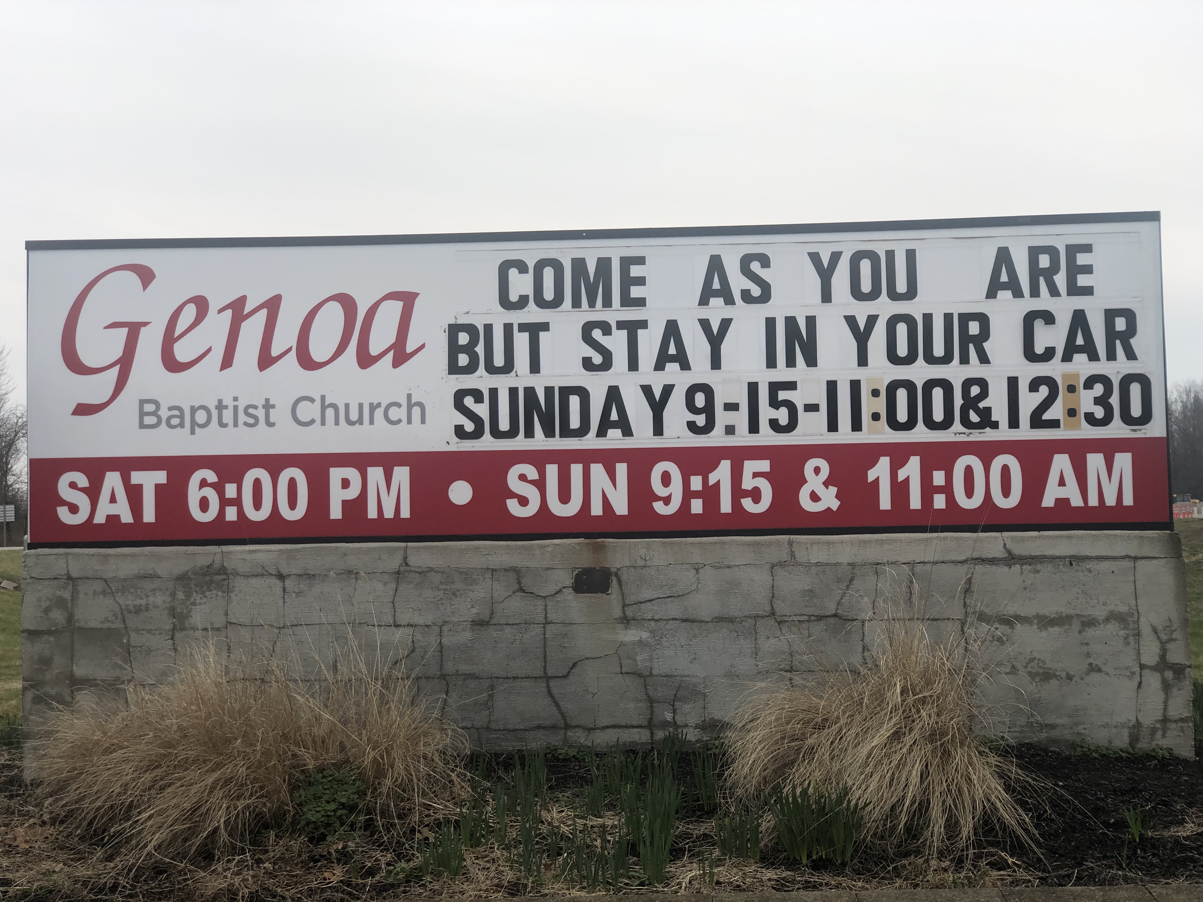 A sign outside Genoa Church in Westerville, Ohio.