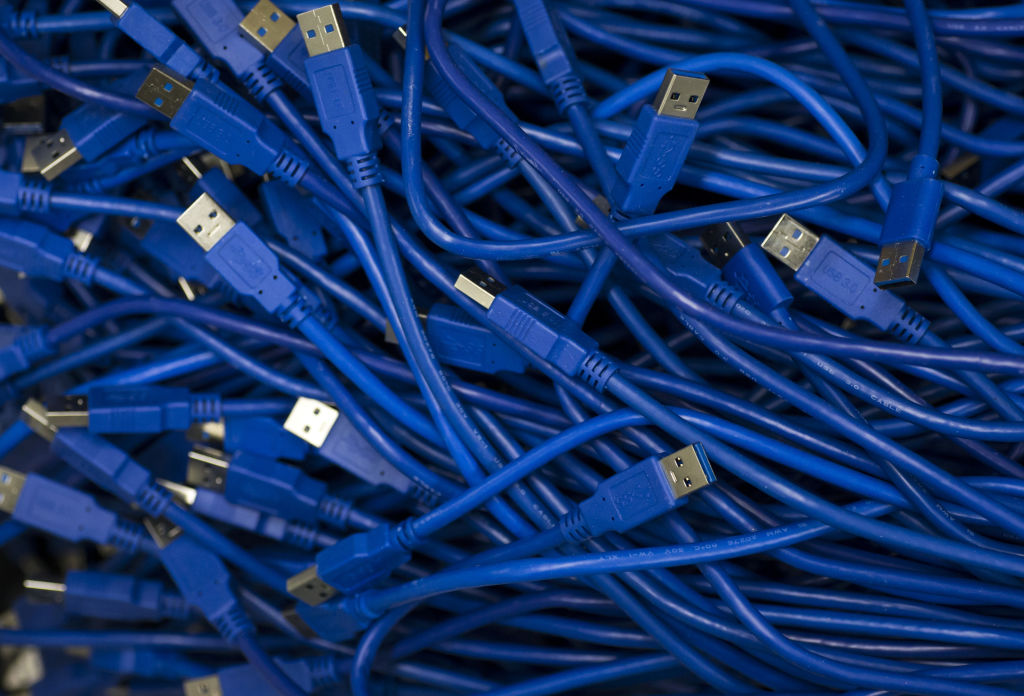 USB cables are seen inside the DMM Mining Farm in Kanazawa, Japan on March 20, 2018. (Tomohiro Ohsumi&mdash;Bloomberg/Getty Images)
