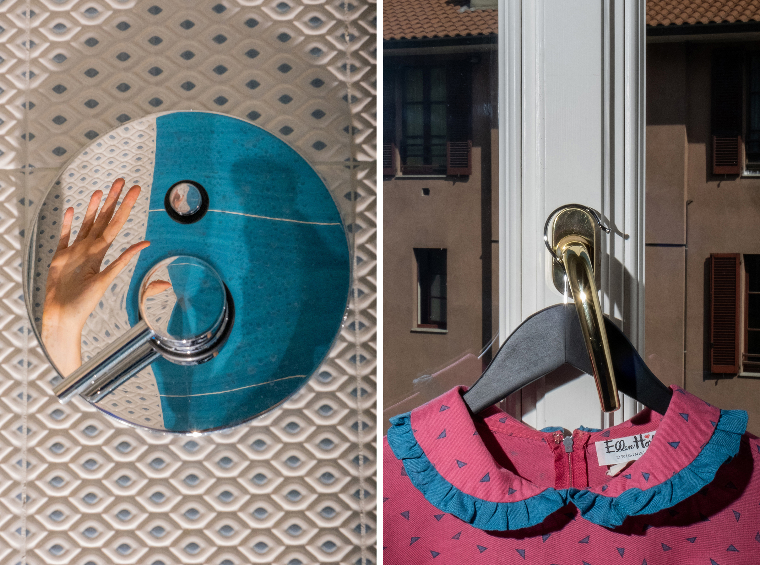 Left: 11:50 A.M. Bathroom details; Right: 12:36 P.M. Detail of a dress on the bedroom window (Lucia Buricelli for TIME)