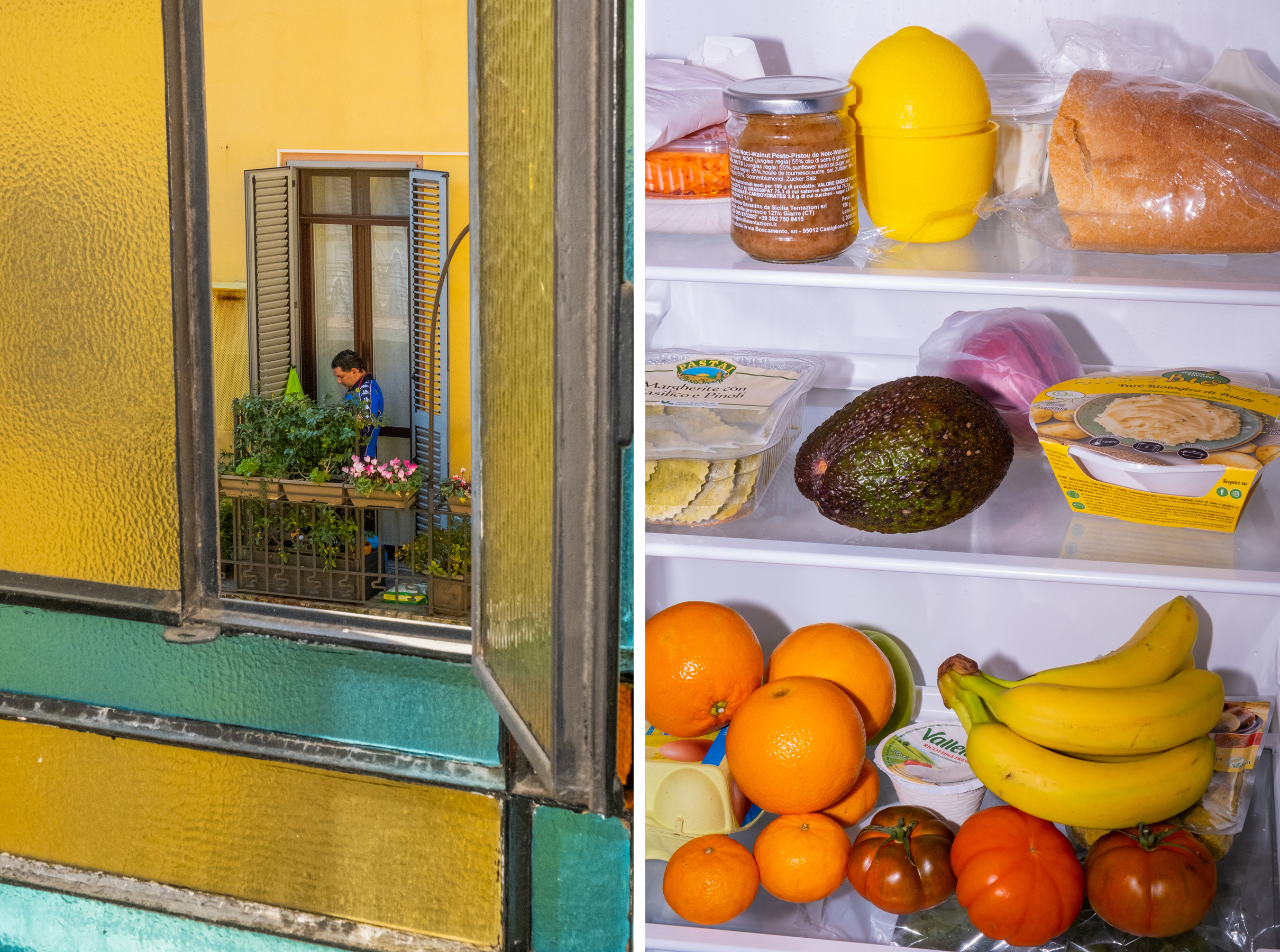 Left: 10:23 A.M. View from the window on my floor; Right: 3:08 P.M. Fridge detail (Lucia Buricelli for TIME)