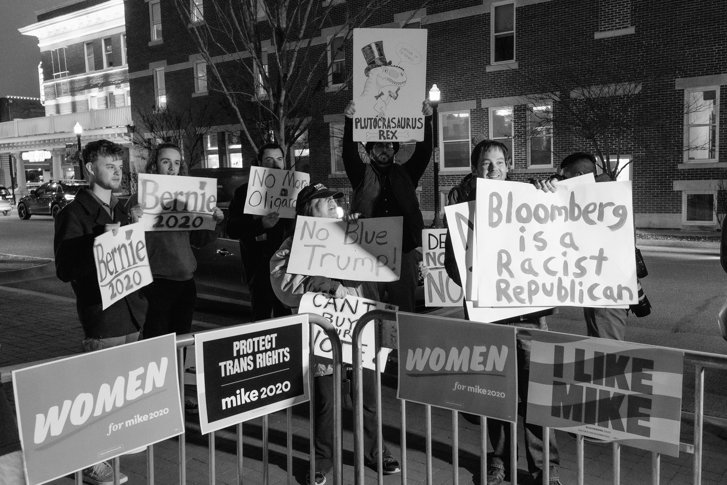 Bernie Sanders' supporters protest outside of a Bloomberg rally in Bentonville, Ark., on Feb. 27. (Christopher Lee for TIME)