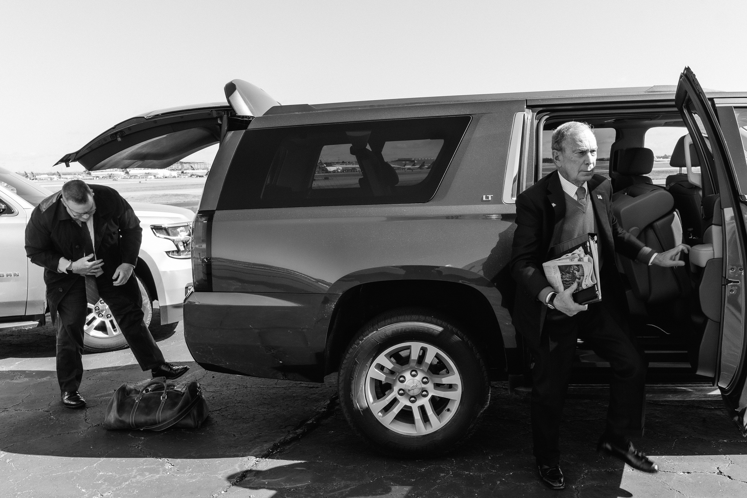 Memphis, Tennessee - February 28, 2020: Former New York City Mayor and 2020 presidential candidate Mike Bloomberg is seen in a vehicle with a member of his staff after a political rally en route to an airfield where a private jet awaits him in Memphis, Tennessee ahead of Super Tuesday primary voting in key states around the country on February 28, 2020. Photo: Christopher Lee for TIME