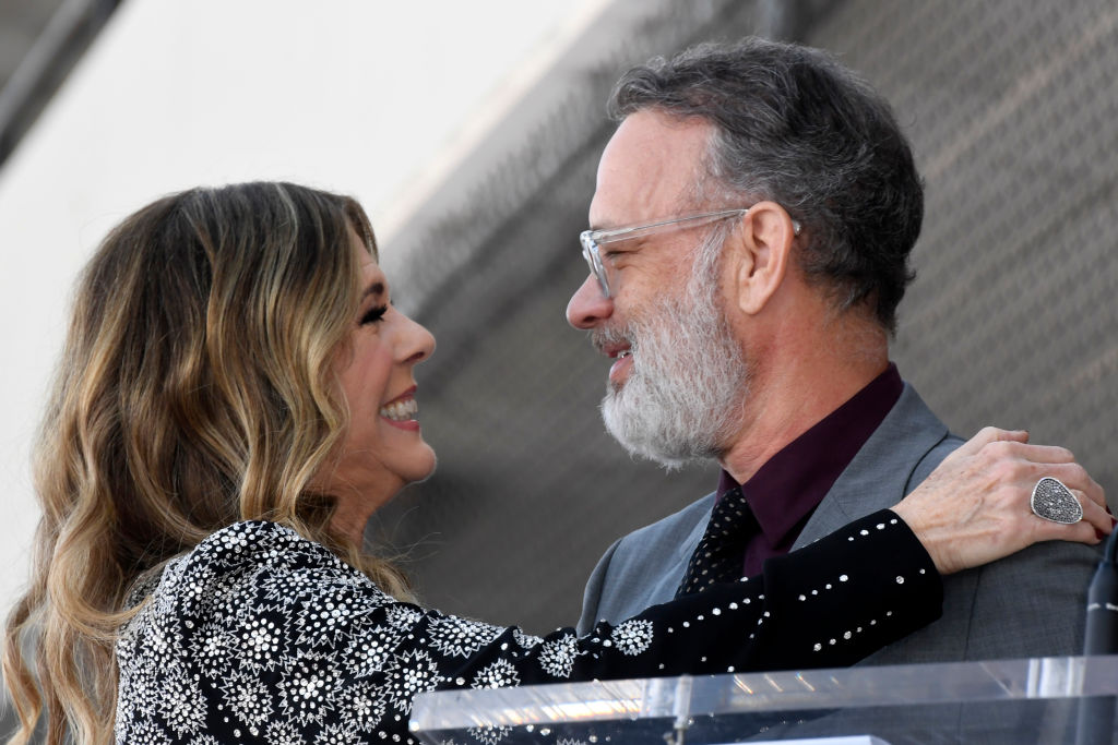 Rita Wilson and Tom Hanks embrace as Wilson is honored with a star on the Hollywood Walk of Fame on March 29, 2019 in Hollywood, California. (Frazer Harrison—Getty Images)