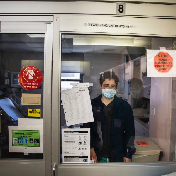 It's not easy being a patient, especially in your own hospital.  Dr. Laura Mulvey, who practices emergency medicine, in her isolation unit in the ICU at Maimonides Medical Center in Brooklyn on March 26, 2020.