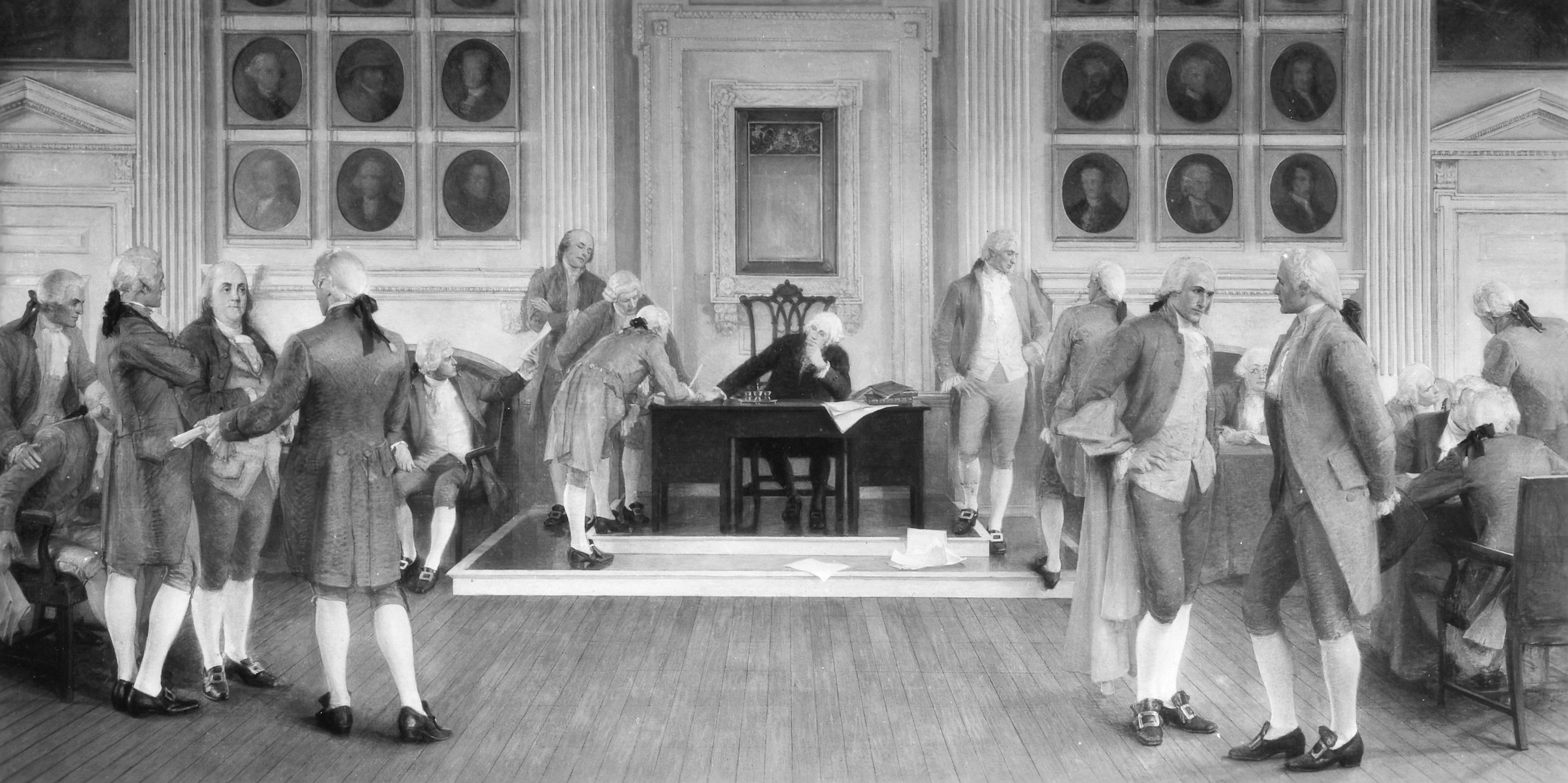 Painting, in the Wisconsin State Capitol, of 'The Signing of the American Constitution,' a mural by Albert Herter, 1910. (Getty Images)