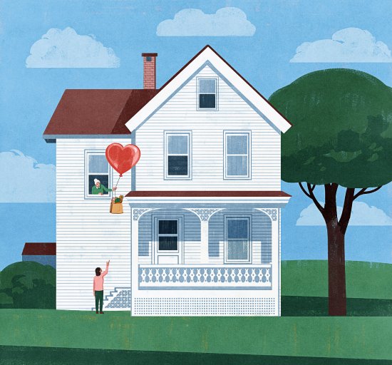 An illustration showing a home and one neighbor passing food to another via a balloon