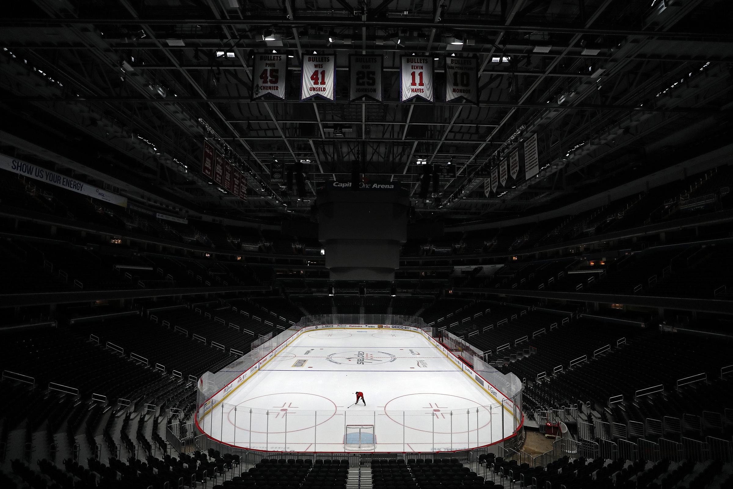 Sam Hess, Operations with Monumental Sports & Entertainment, skates alone prior Detroit Red Wings playing against the Washington Capitals at Capital One Arena on March 12 in Washington, DC. (Patrick Smith—Getty Images)