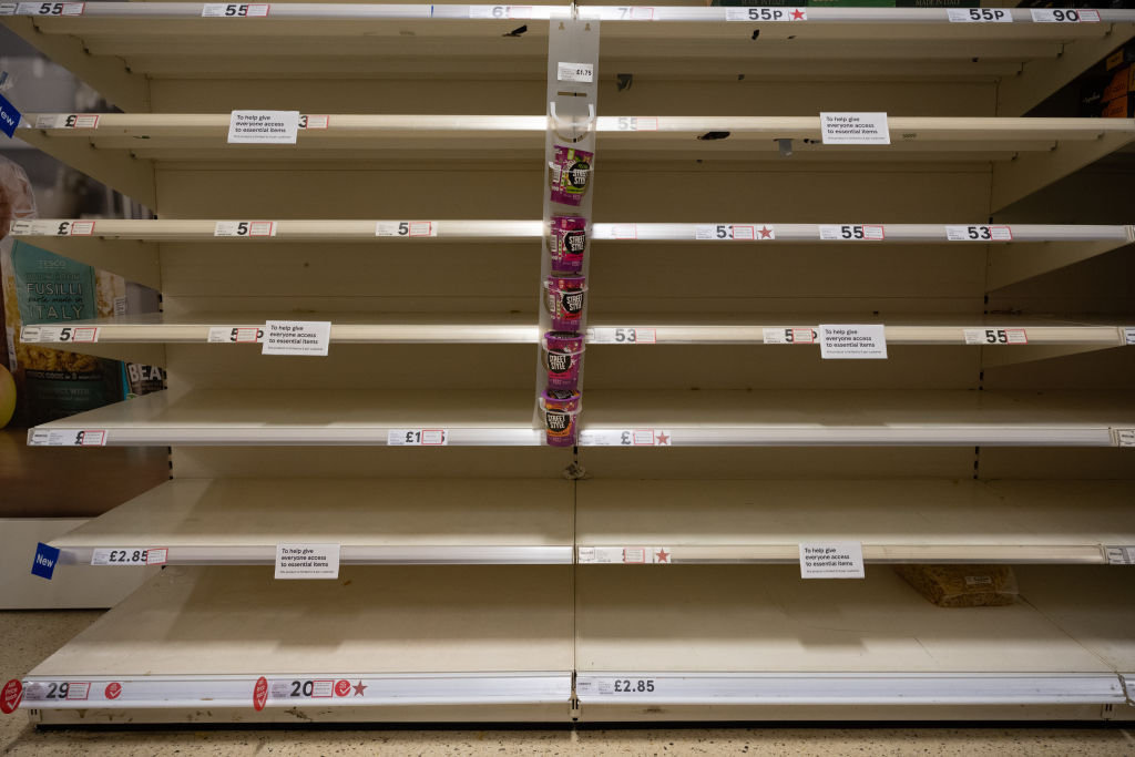 Empty shelves in a Cardiff Tesco store on March 9, 2020 in Cardiff, United Kingdom. The retailer has put in place measures to limit the number of purchases of certain items after a recent surge in demand. (Getty Images—2020 Matthew Horwood)