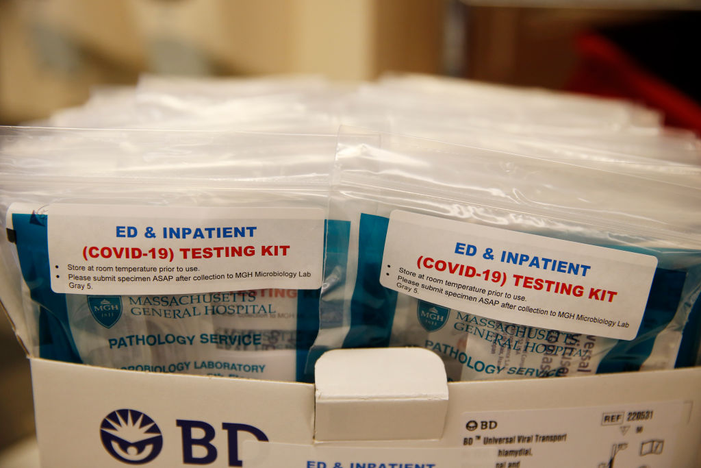 COVID-19 collection kits for testing in the MGH Microbiology Lab at Massachusetts General Hospital in Boston on March 18, 2020. (Jessica Rinaldi/The Boston Globe—Getty Images)