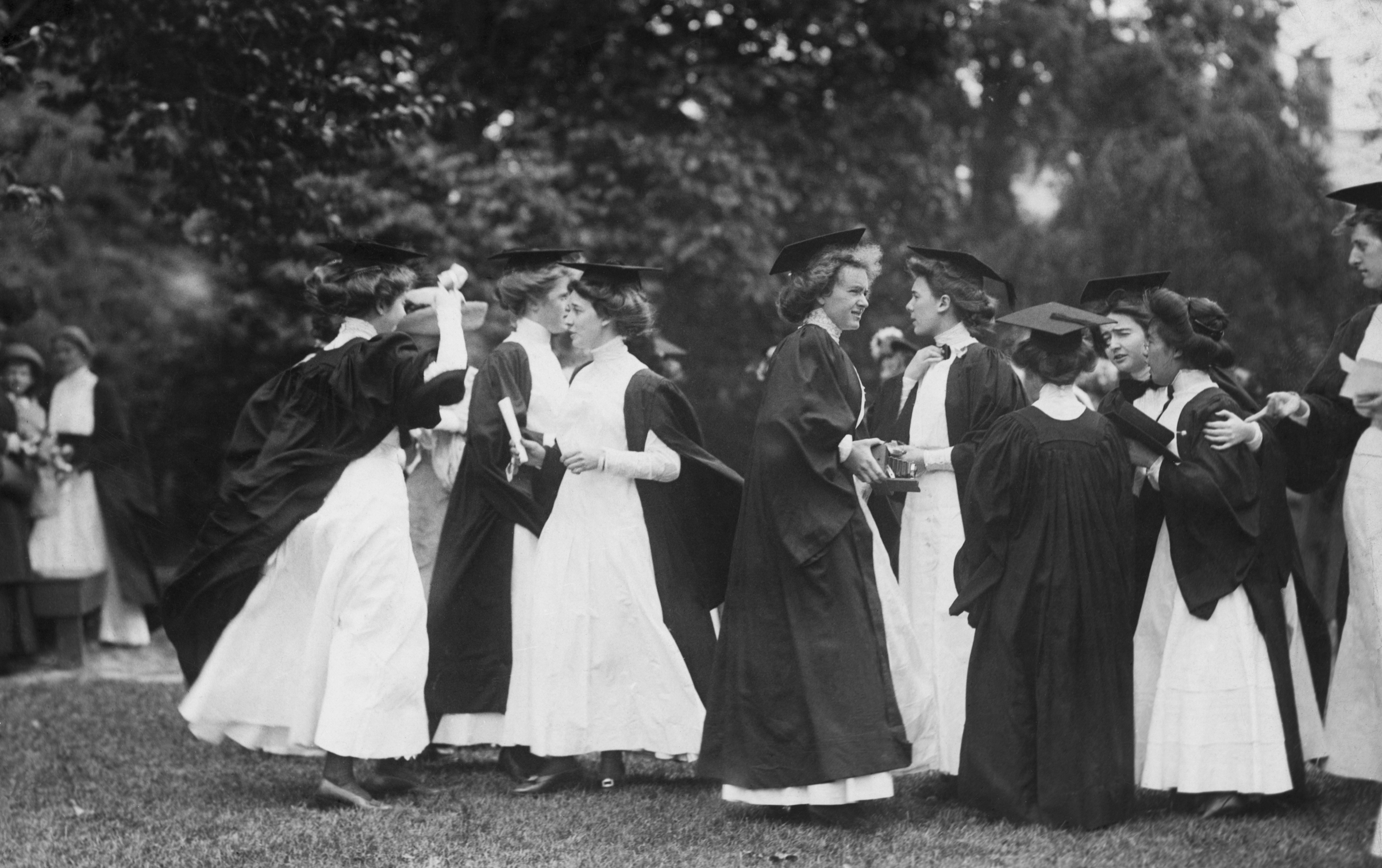 Women graduates exiting after a graduation ceremony. Photograph, ca. 1900. (Bettmann Archive/Getty Images)