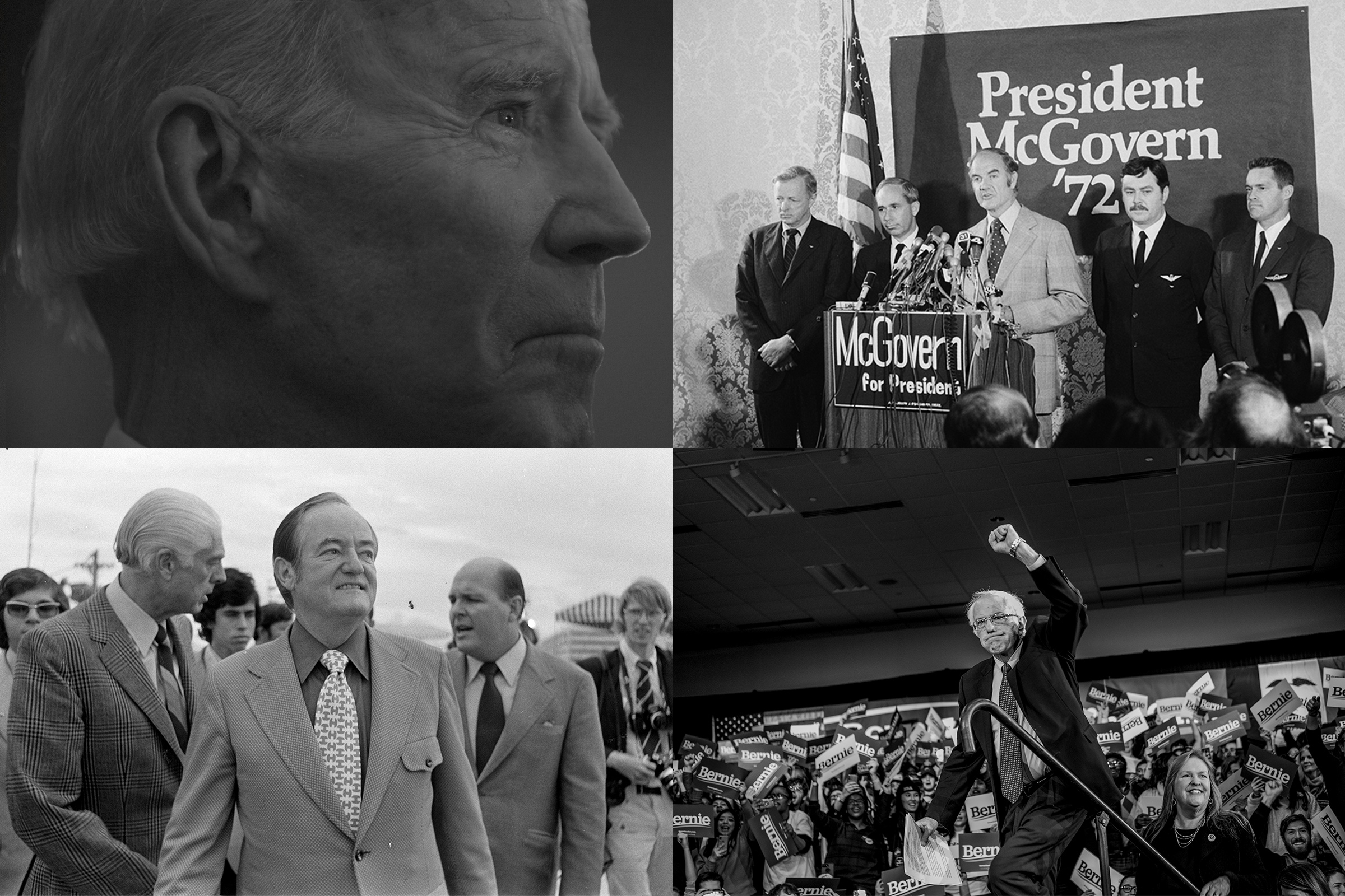 From top left, clockwise: Joe Biden during a community event in Fort Dodge, Iowa, on Jan. 21; George McGovern urges U.N. Security Council to take action to prevent air hijackings in New York June 19, 1972; Bernie Sanders during a rally at the Holiday Inn in Des Moines, Iowa, on Feb. 3; Hubert Humphrey visits the Miami airport during the Democratic National Convention in Florida on July 10, 1972. (September Dawn Bottoms for TIME; Bettmann Archive/Getty Images; Devin Yalkin for TIME; Fairchild Archive—Penske Media/Shutterstock)