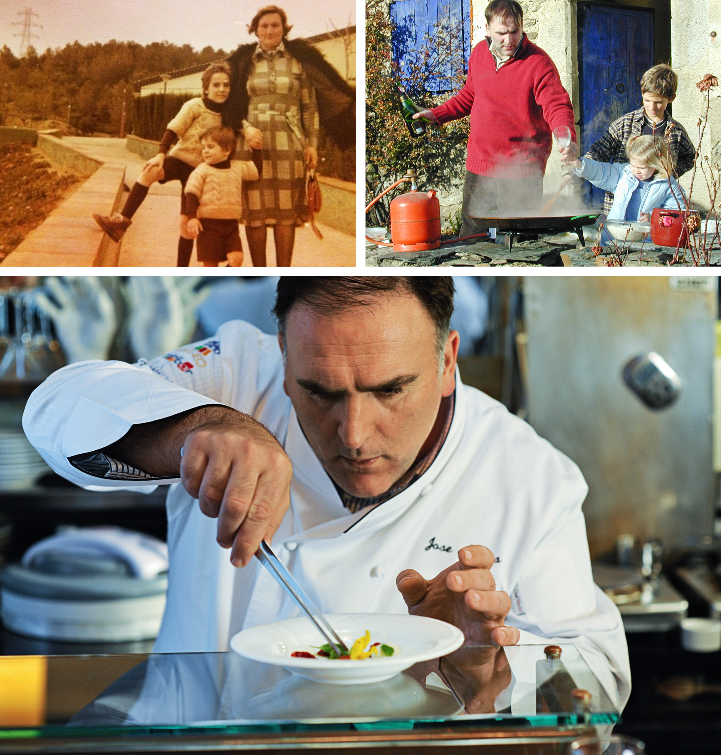 Three photos showing Andrés, left, with his mother and younger brother, grew up in northern Spain; Cooking with his daughter in the Spanish countryside; Andrés works on a dish at minibar, one of his Washington, D.C., restaurants, in 2010