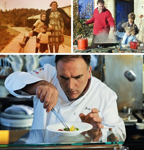 Three photos showing AndrÃ©s, left, with his mother and younger brother, grew up in northern Spain; Cooking with his daughter in the Spanish countryside; AndrÃ©s works on a dish at minibar, one of his Washington,Â D.C., restaurants, in 2010
