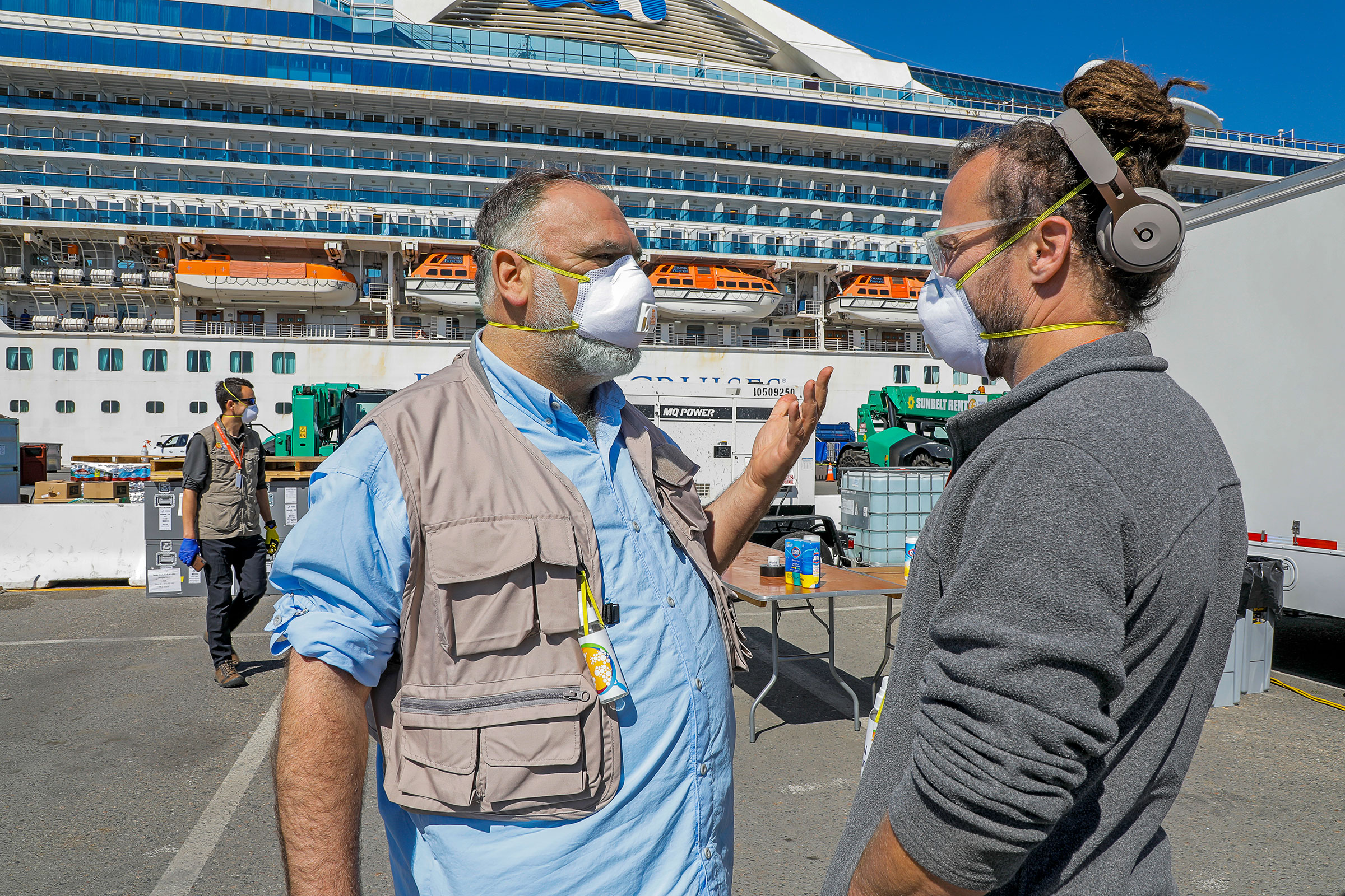 With a World Central Kitchen staffer at a quarantined cruise ship, in Oakland, in March (Scott Hoag—World Central Kitchen)