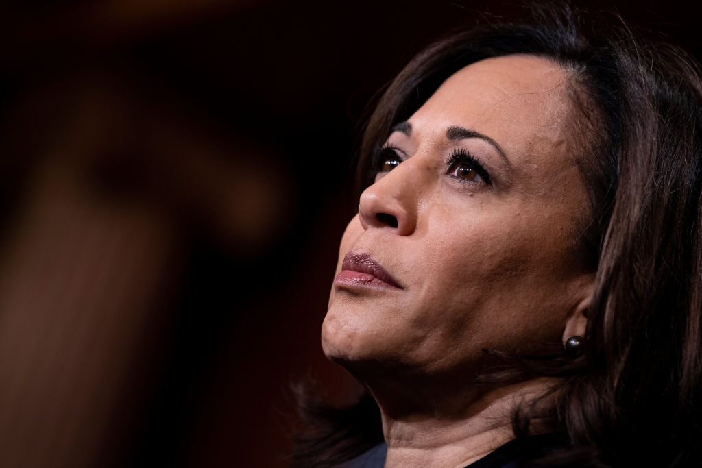 Senator Kamala Harris listens during a press conference during the impeachment trial of  President Donald Trump on Jan. 31, 2020, in Washington, DC. (Brendan Smialowski—AFP/Getty Images)