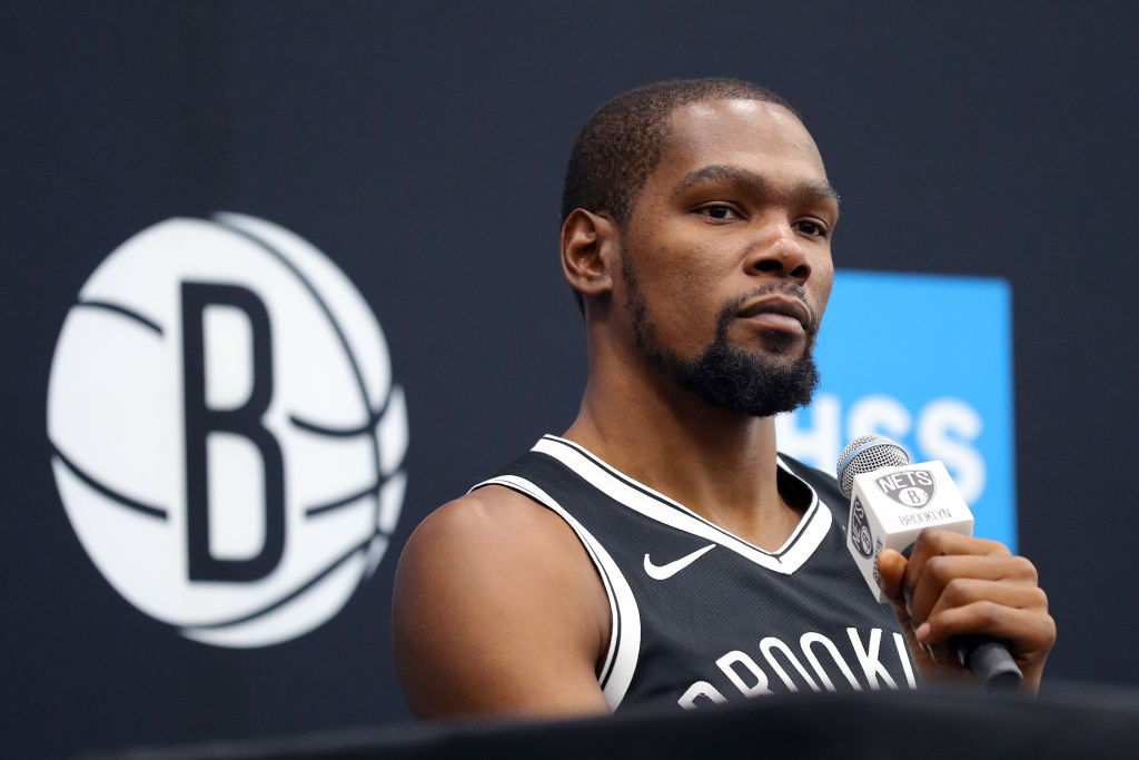 Kevin Durant of the Brooklyn Nets speaks to media during Brooklyn Nets Media Day at HSS Training Center on Sept. 27, 2019 in the Brooklyn Borough of New York City. (Mike Lawrie—Getty Images)