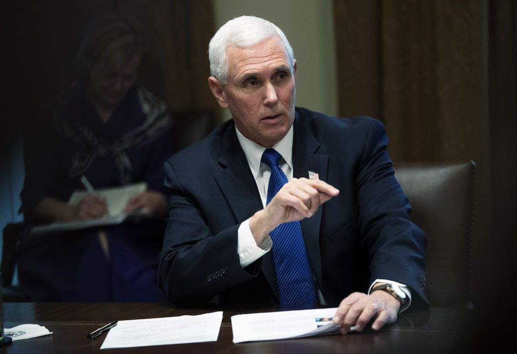 U.S. Vice President Mike Pence speaks during a meeting with President Donald Trump and nurses at the White House in Washington, D.C. on March 18, 2020. (Kevin Dietsch/UPI/Bloomberg—Getty Images)
