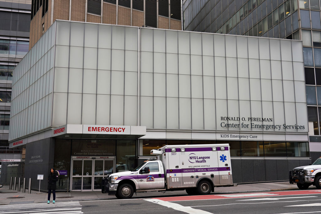 An ambulances is parked in front of the NYU Langone Health emergency as coronavirus continues to spread across the United States on March 16, 2020 in New York City. (Cindy Ord—Getty Images)