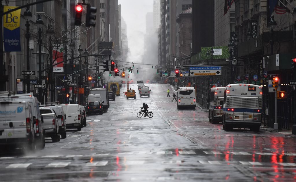 A usually busy 5th Avenue is seen nearly empty in New York City on Mar. 23, 2020. (Angela Weiss—AFP/Getty Images)