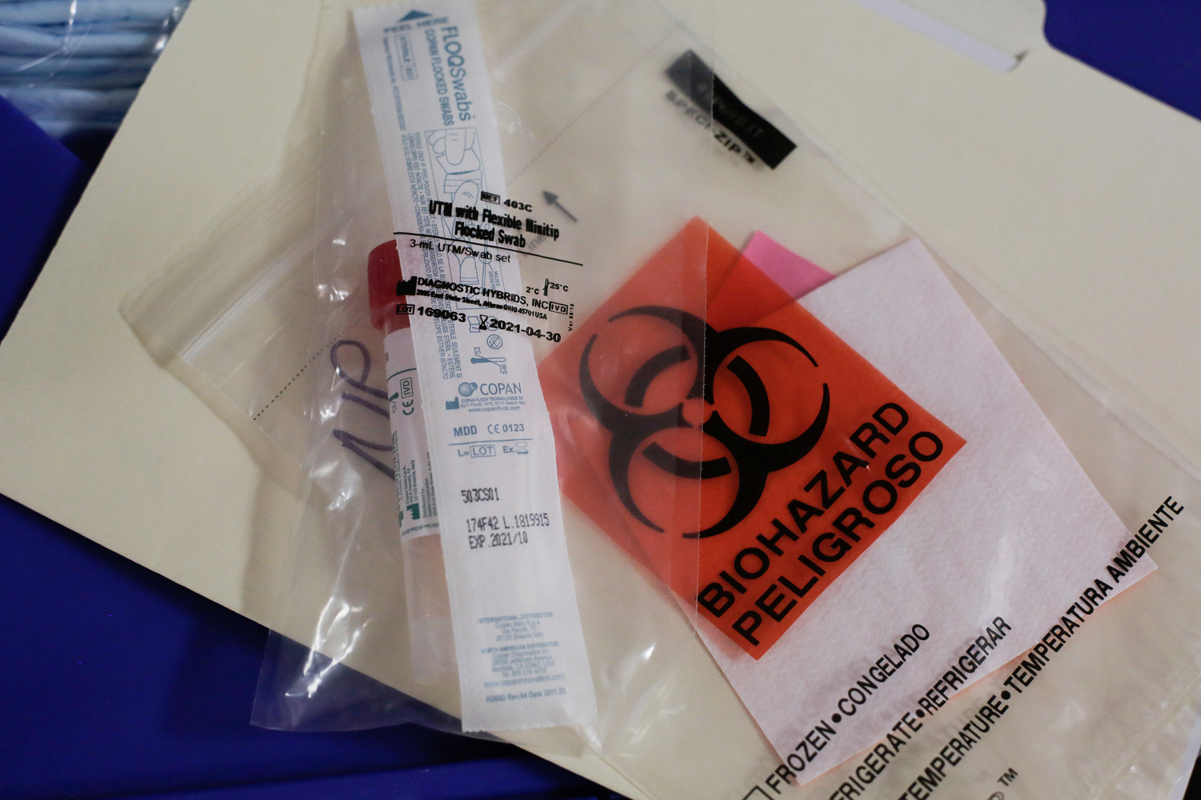 A swab to be used for testing novel coronavirus is seen in the supplies of Harborview Medical Center's home assessment team during preparations to visit the home of a person potentially exposed to novel coronavirus at Harborview Medical Center in Seattle