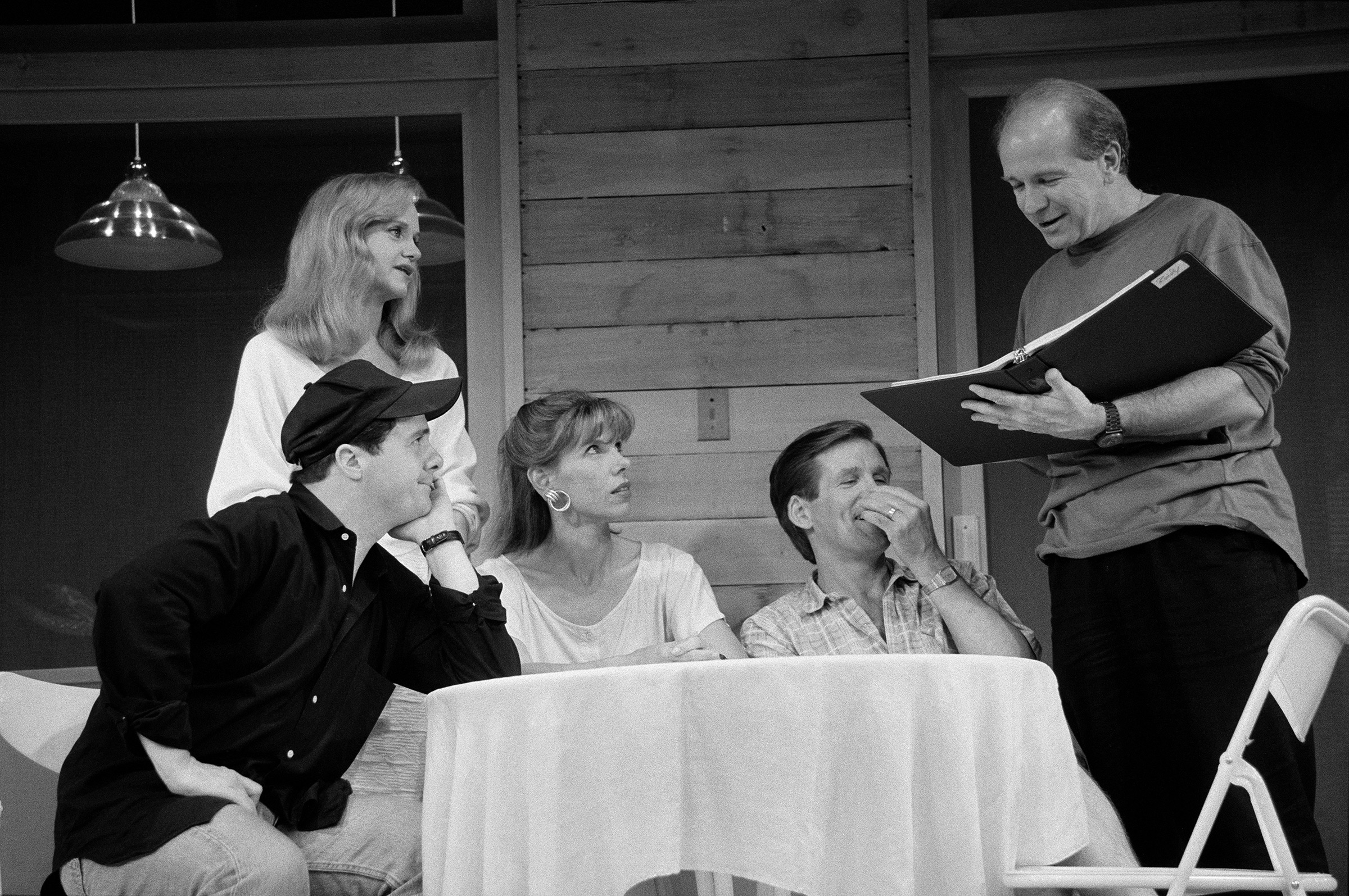 Playwright Terrence McNally, right, at a rehearsal for "Lips Together, Teeth Apart" in New York on June 27, 1991, with, from left, Nathan Lane, Swoosie Kurtz, Christine Baranski and Anthony Heald.