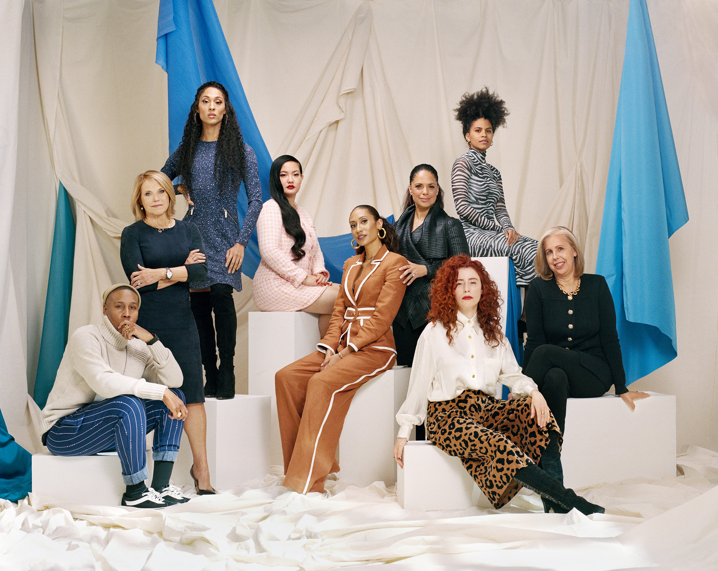 From left: Committee members Lena Waithe, Katie Couric, Mj Rodriguez, Amanda Nguyen, Elaine Welteroth, Soledad O’Brien, Zazie Beetz, Alma Har’el and Nancy Gibbs, photographed on Feb. 16 in New York City (Camila Falquez for TIME)