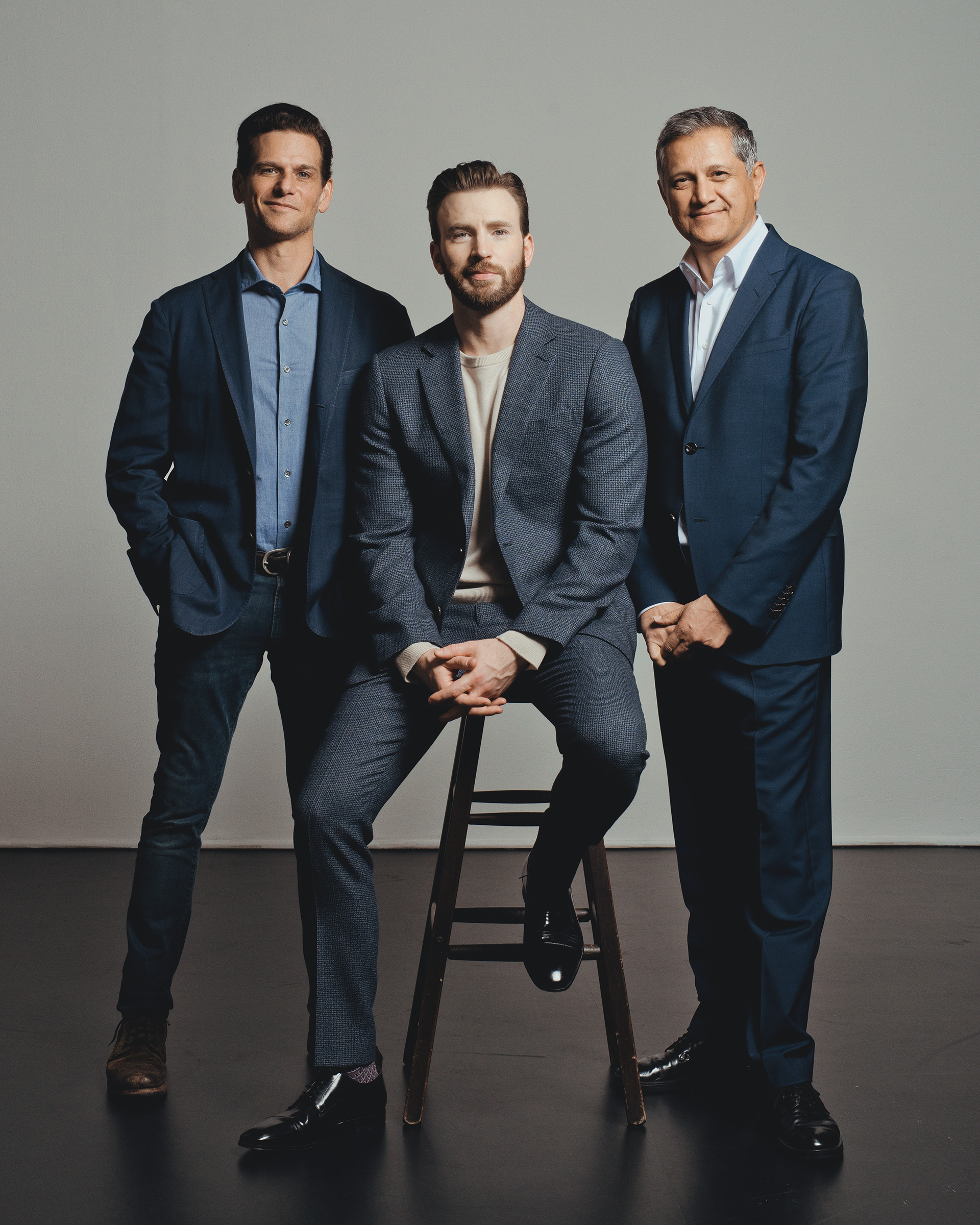 Mark Kassen, Chris Evans and Joe Kiani photographed in Los Angeles, CA on March 11, 2020. (Ryan Pfluger for TIME)