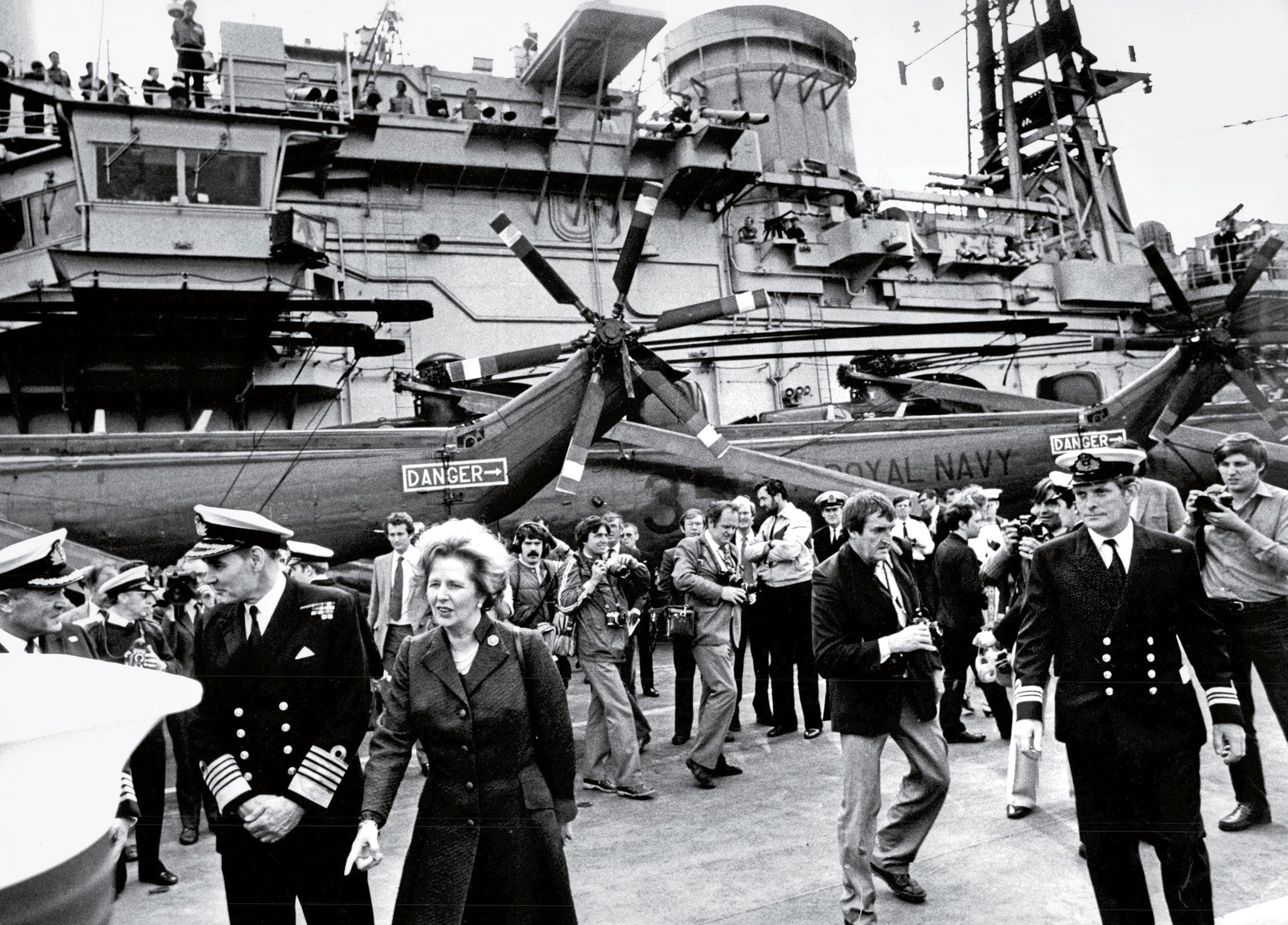 Thatcher aboard H.M.S. Hermes after its return from the Falklands War in 1982. (Ted Blackbrow—Associated Newspapers)