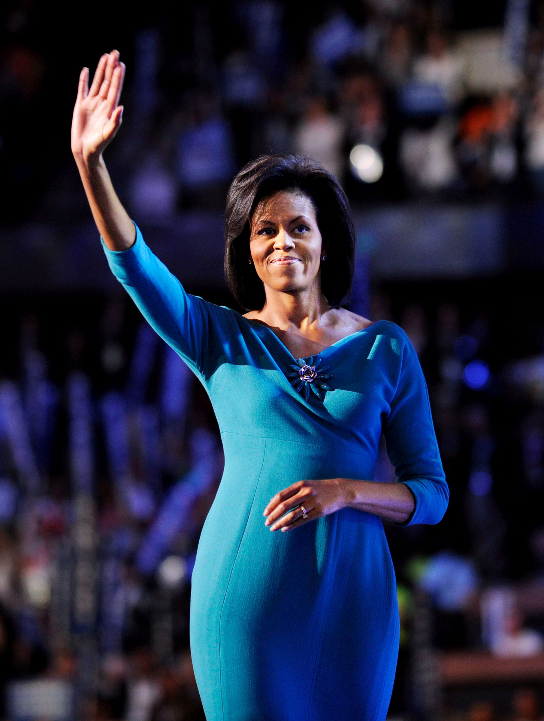 Michelle Obama waves after addressing the 2008 Democratic National Convention in Denver, August 25, 2008. (Shawn Thew—EPA/Shutterstock)