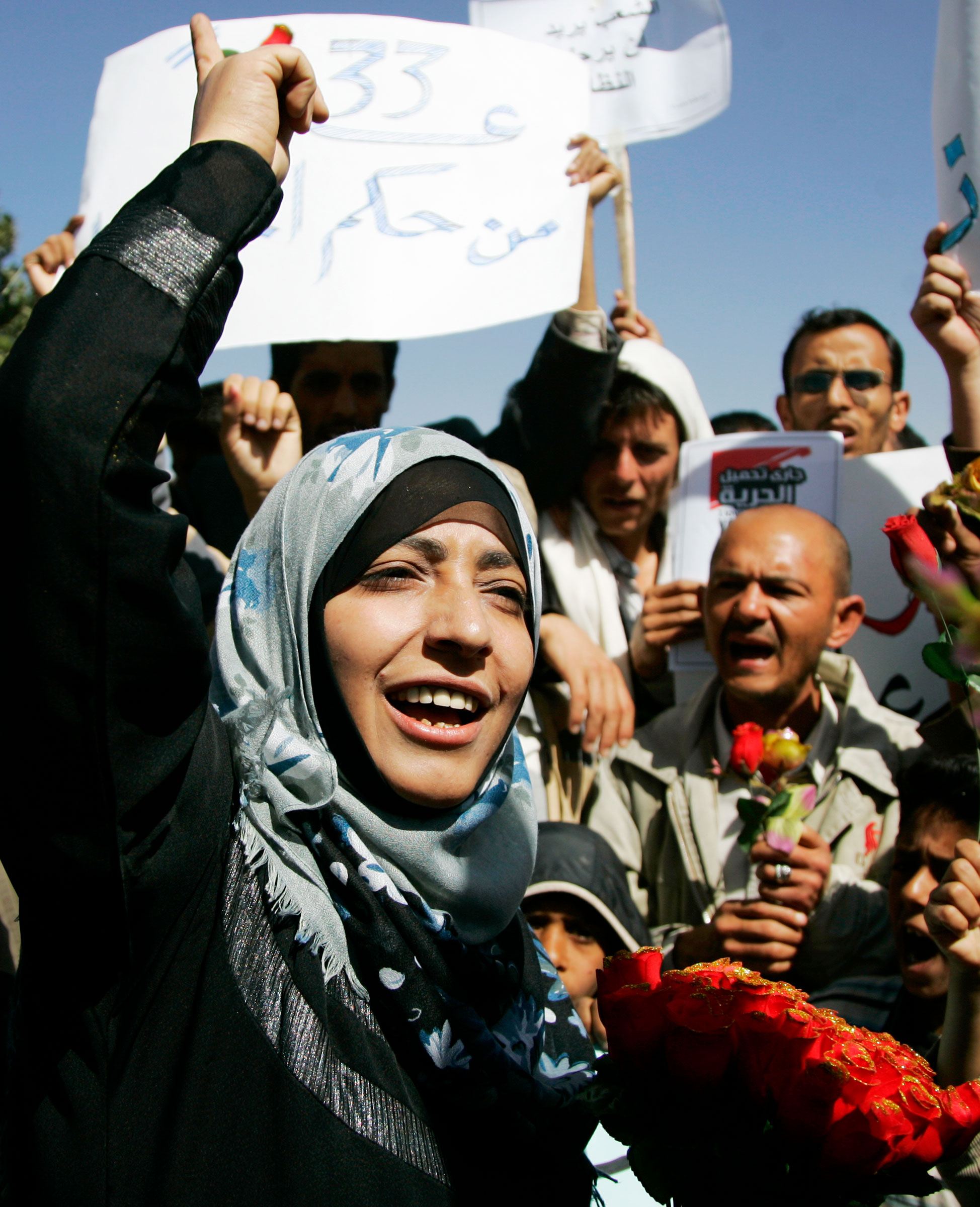 Tawakkol Karman, the chairwoman of Women Journalists without Chains, shouts slogans during an anti-government protest in Sanaa February 10, 2011. (Khaled Abdullah—Reuters)
