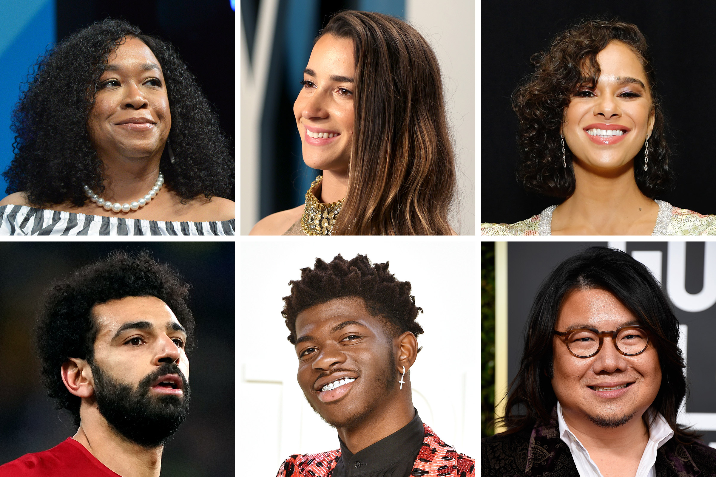 Clockwise from Top Left: Shonda Rhimes, Aly Raisman, Misty Copeland, Kevin Kwan, Lil Nas X, Mohamed Salah (Getty Images (6))