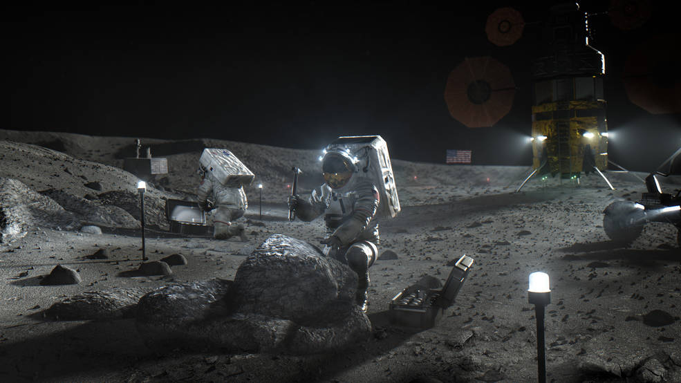 NASA rendering of a return to the moon. The lander in the background is imagined and generic—showing no favoritism to any of the three contending companies. (NASA)