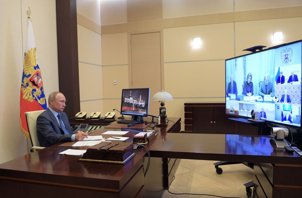 Russian President Vladimir Putin chairs a video conference meeting on the COVID-19 situation, at the Novo-Ogaryovo state residence outside Moscow on April 20, 2020. (Alexey Druzhinin/AFP —Getty Images)