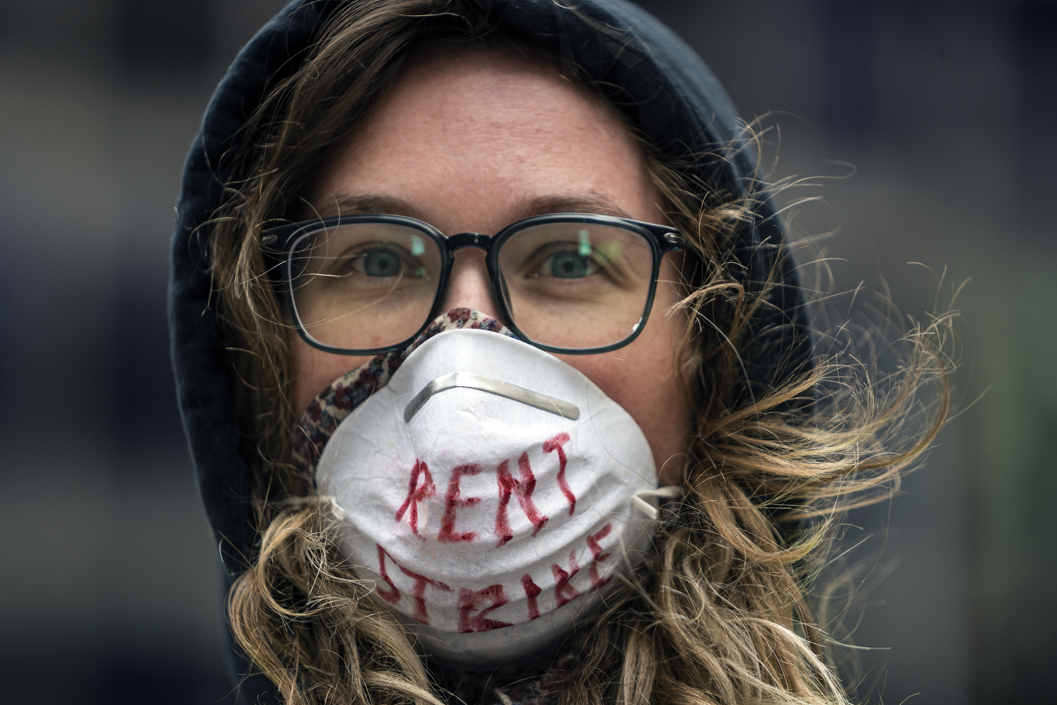 Karissa Stotts takes part in a protest calling for relief for renters and homeowners in Minneapolis, Minn., on April 8, 2020. (Richard Tsong-Taatarii—Star Tribune/Getty Images)