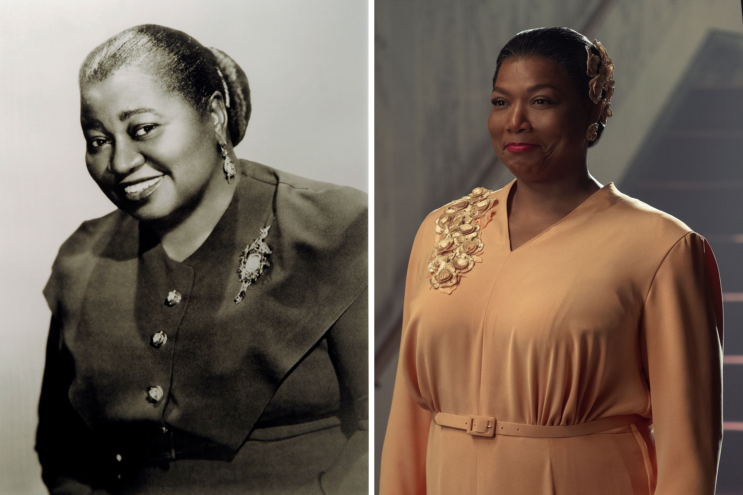 An image made of a photograph of Hattie McDaniel that hangs at the Theater at Howard University; Queen Latifah as Hattie McDaniel in 'Hollywood' (Tracy A Woodward—The Washington Post/Getty Images —)
