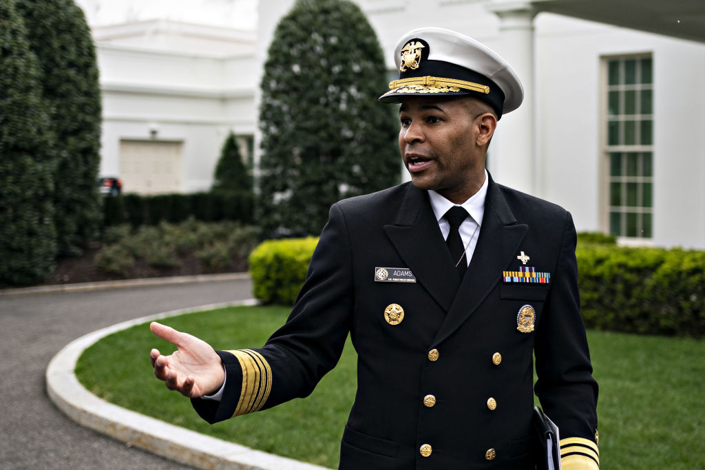 Vice Admiral Jerome Adams, U.S. Surgeon General, speaks to members of the media after a television interview outside of the West Wing of the White House in Washington, D.C., U.S., on Friday, March 20. (Al Drago/Bloomberg)