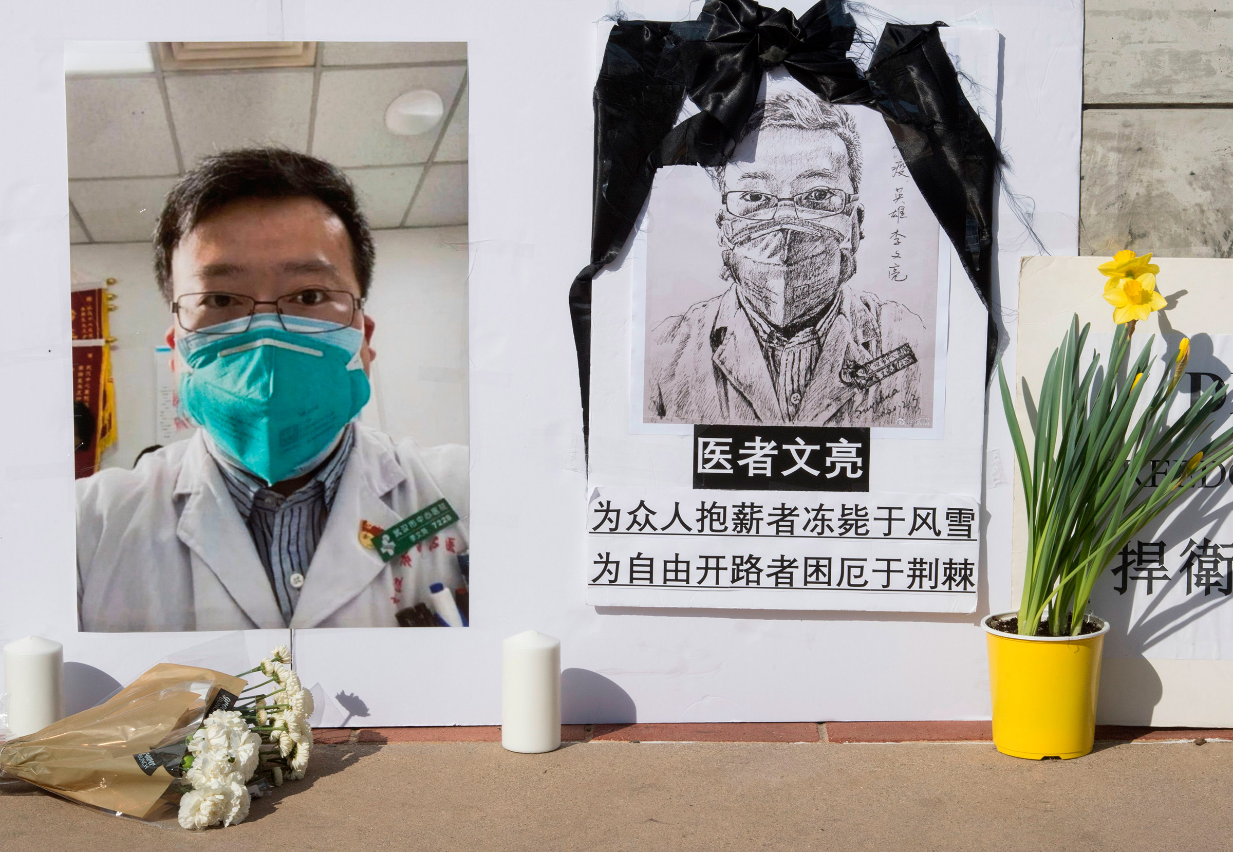 A memorial for Dr Li Wenliang, who was the whistleblower of the Coronavirus, Covid-19, that originated in Wuhan, China and caused the doctors death in that city, is pictured outside the UCLA campus in Westwood, Calif., on Feb. 15, 2020. (Mark Ralston—AFP/Getty Images)