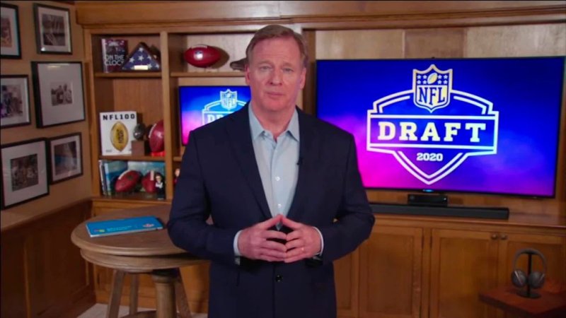 NFL Commissioner Roger Goodell speaks from his home in Bronxville, New York during the NFL draft on April 23, 2020.