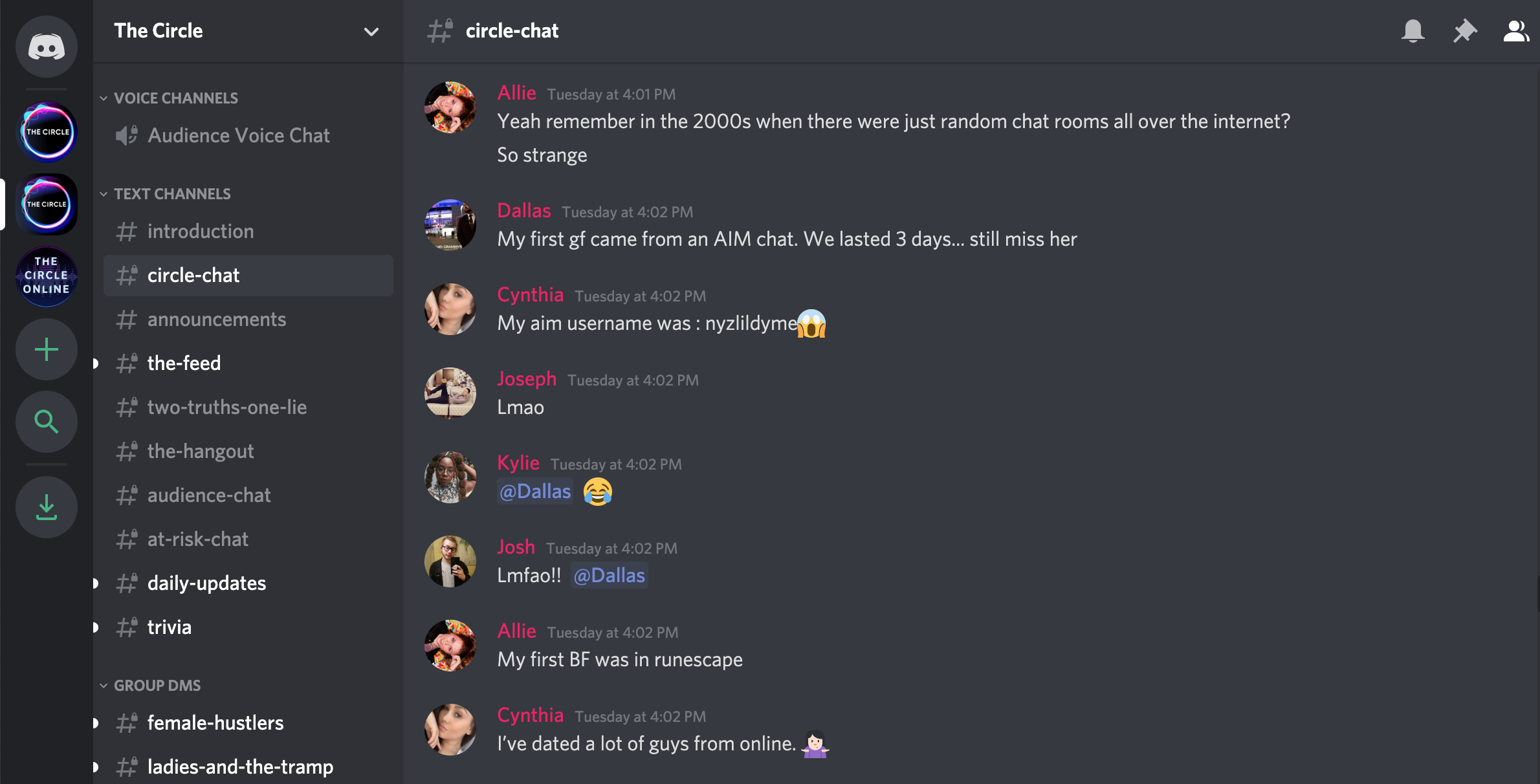 A screenshot of the #circle-chat on "The Circle" server (Discord)