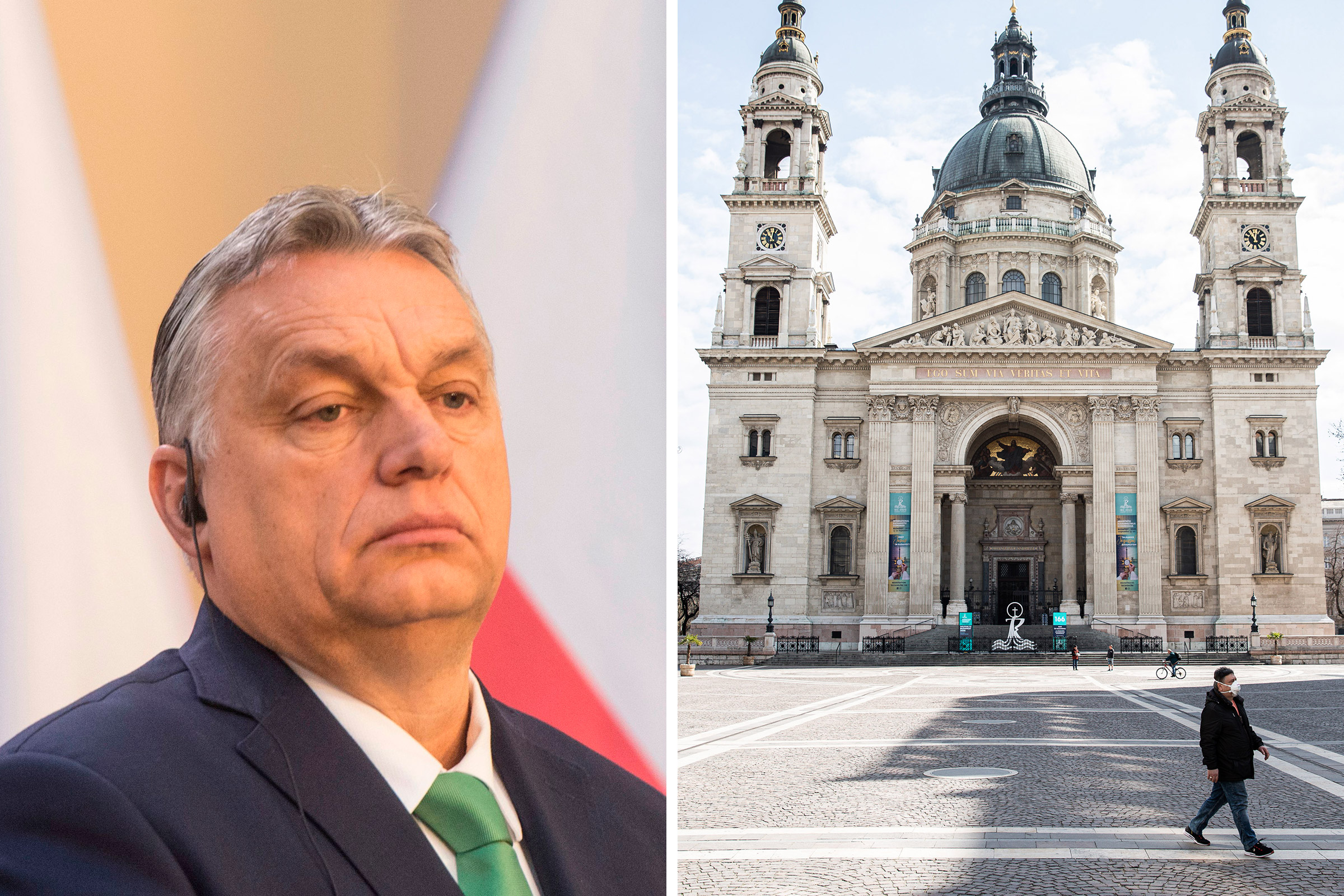 Hungary's Prime Minister Viktor Orban gives a joint press conference on March 4; A pedestrian wearing a protective face mask walks across a deserted square outside St. Stephen's Basilica in Budapest, Hungary on March 31 (Michal Cizek—AFP/Getty Images; Akos Stiller—Bloomberg/Getty Images)
