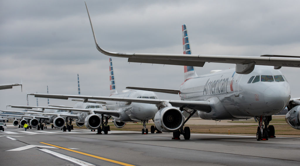 Jets are parked on runway 28 at the Pittsburgh International Airport in Pittsburgh, Pennsylvania on March 27, 2020. (Jeff Swensens&mdash; Getty Images)
