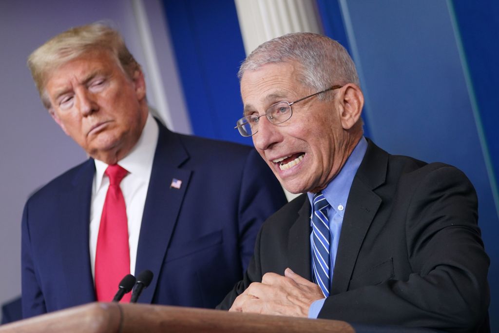 US President Donald Trump (L) listens as Director of the National Institute of Allergy and Infectious Diseases Anthony Fauci speaks during the daily briefing on the novel coronavirus, COVID-19, at the White House in Washington, DC on March 24, 2020. (Mandel Ngan&mdash;AFP via Getty Images)